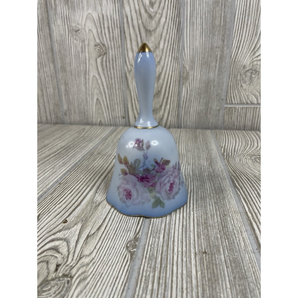 Hand Painted Nippon Japan Table Bell Blue Matte Rose Floral VTG 5.5in
